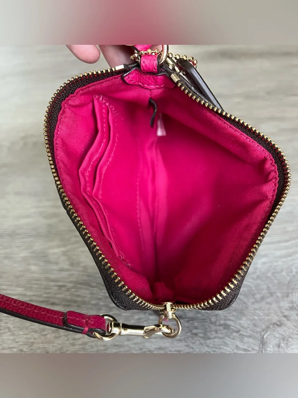 Coach Brown Signature Canvas Wristlet with Bright Pink Leather Accent